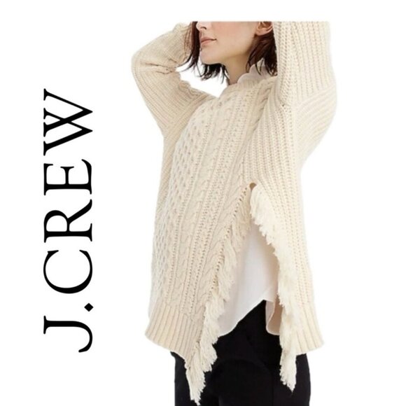 J.CREW SWEATER FISHERMEN CABLE KNIT FRINGE CHUNKY TAN SZ XS OVERSIZED AESTHETIC - Picture 1 of 14